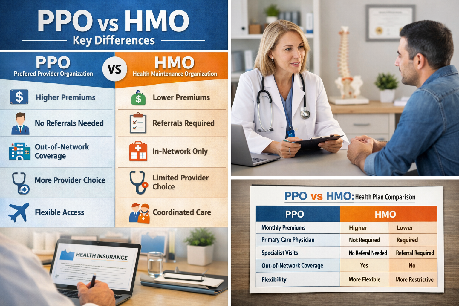 Comparison chart showing HMO and PPO health insurance plan features